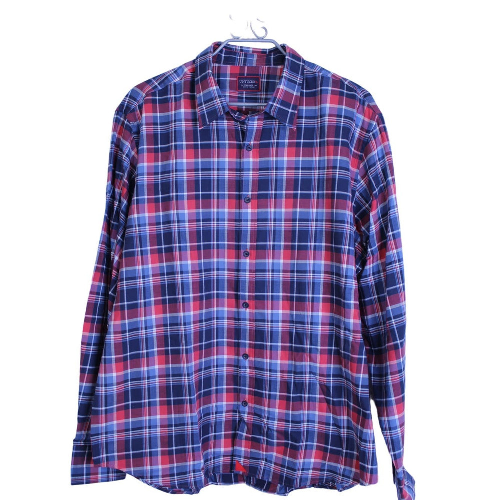 UnTuckIt Men's XXL Blue and Red‎ Plaid Buttonfront Long Sleeve Shirt